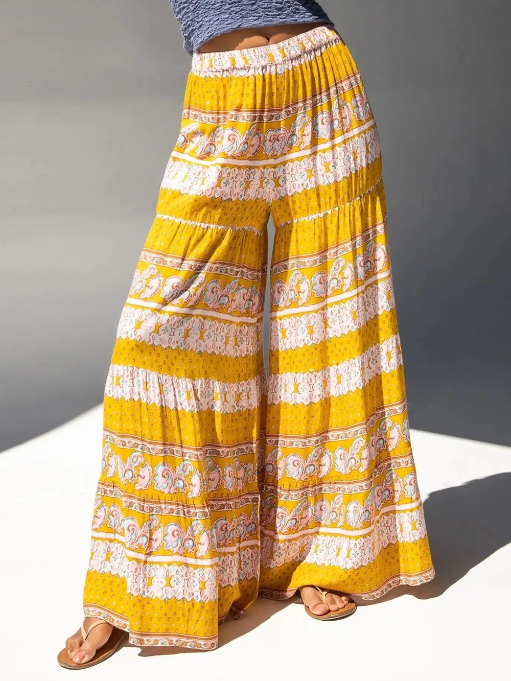 Natural Life Yellow Boho Make A Move Wide Leg Flowy Palazzo Pants Womens Large